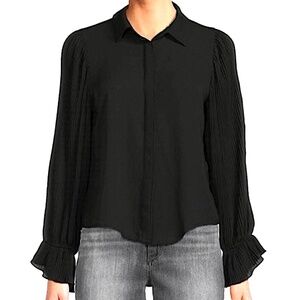New Area Stars Pleated Puff Sleeve Button Down Blouse Lee Black Size Large